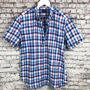 J Crew Mens Blue Check Slim Fit Linen Short Sleeve